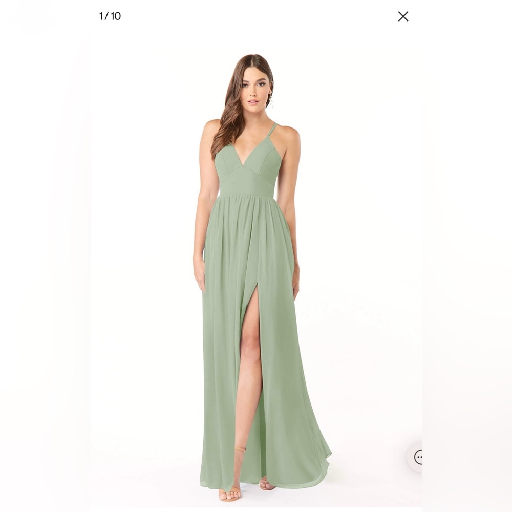 Dusty Sage bridesmaids dress with sides slit and ties up in the back